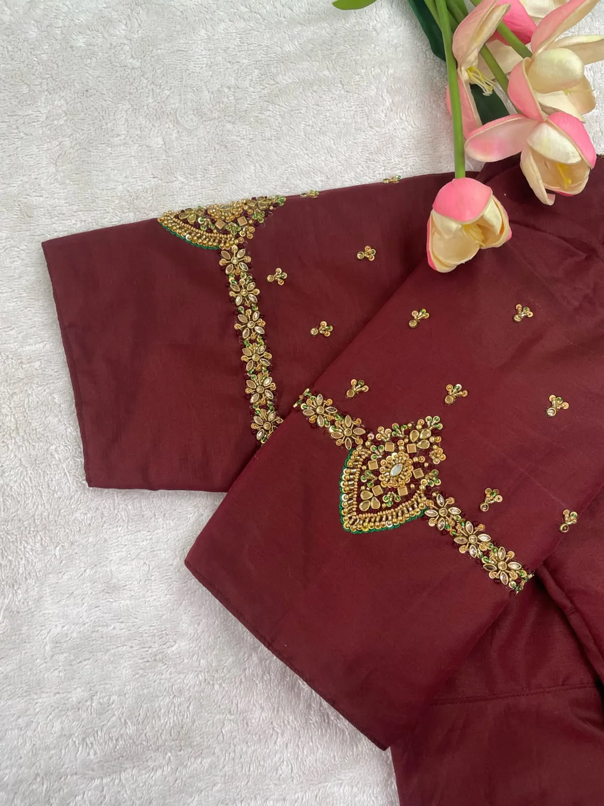 Maroon Aari Work Bridal Blouse | Handcrafted Zardosi & Kundan Silk Saree Blouse 1