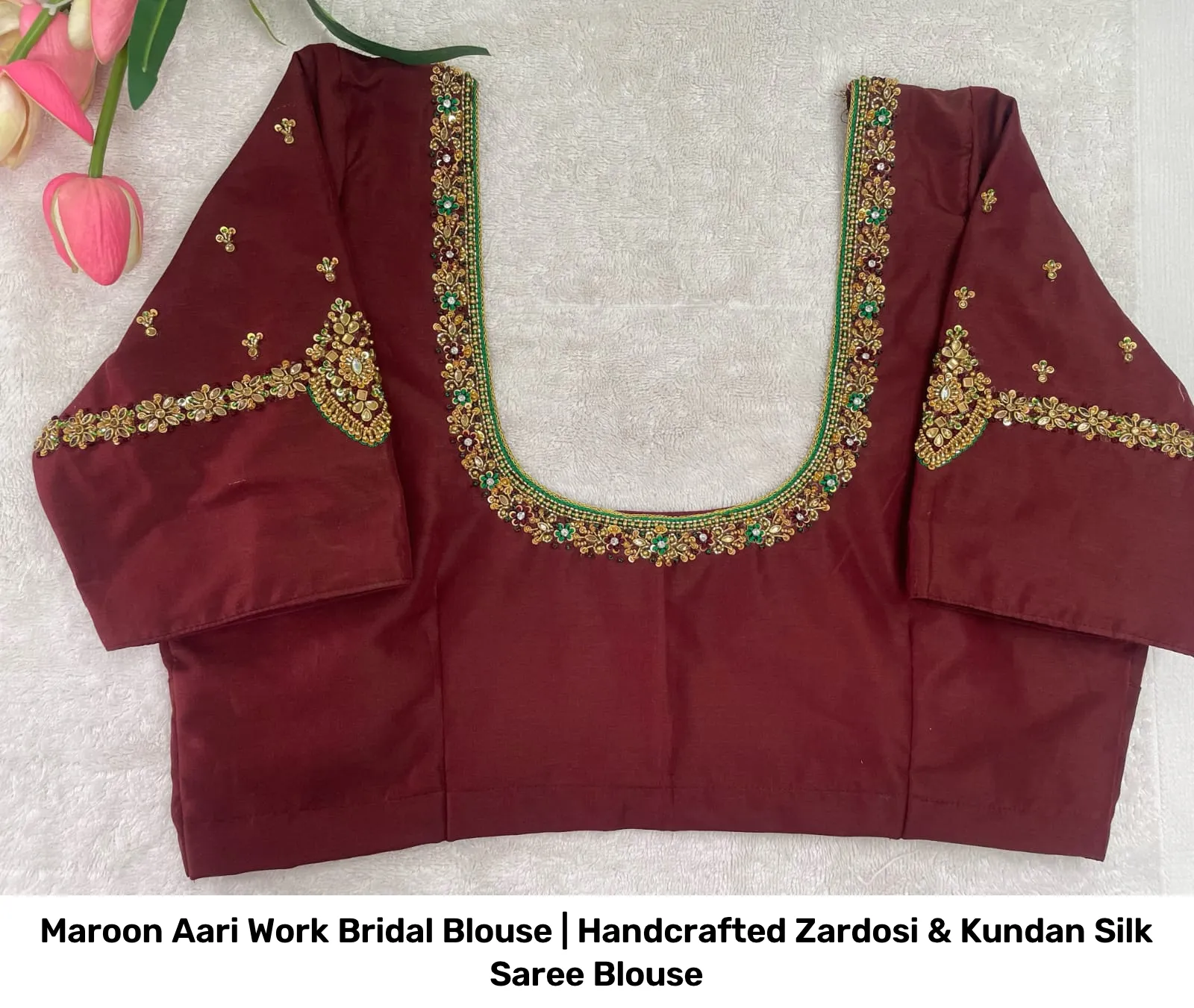Maroon Aari Work Bridal Blouse | Handcrafted Zardosi & Kundan Silk Saree Blouse 2