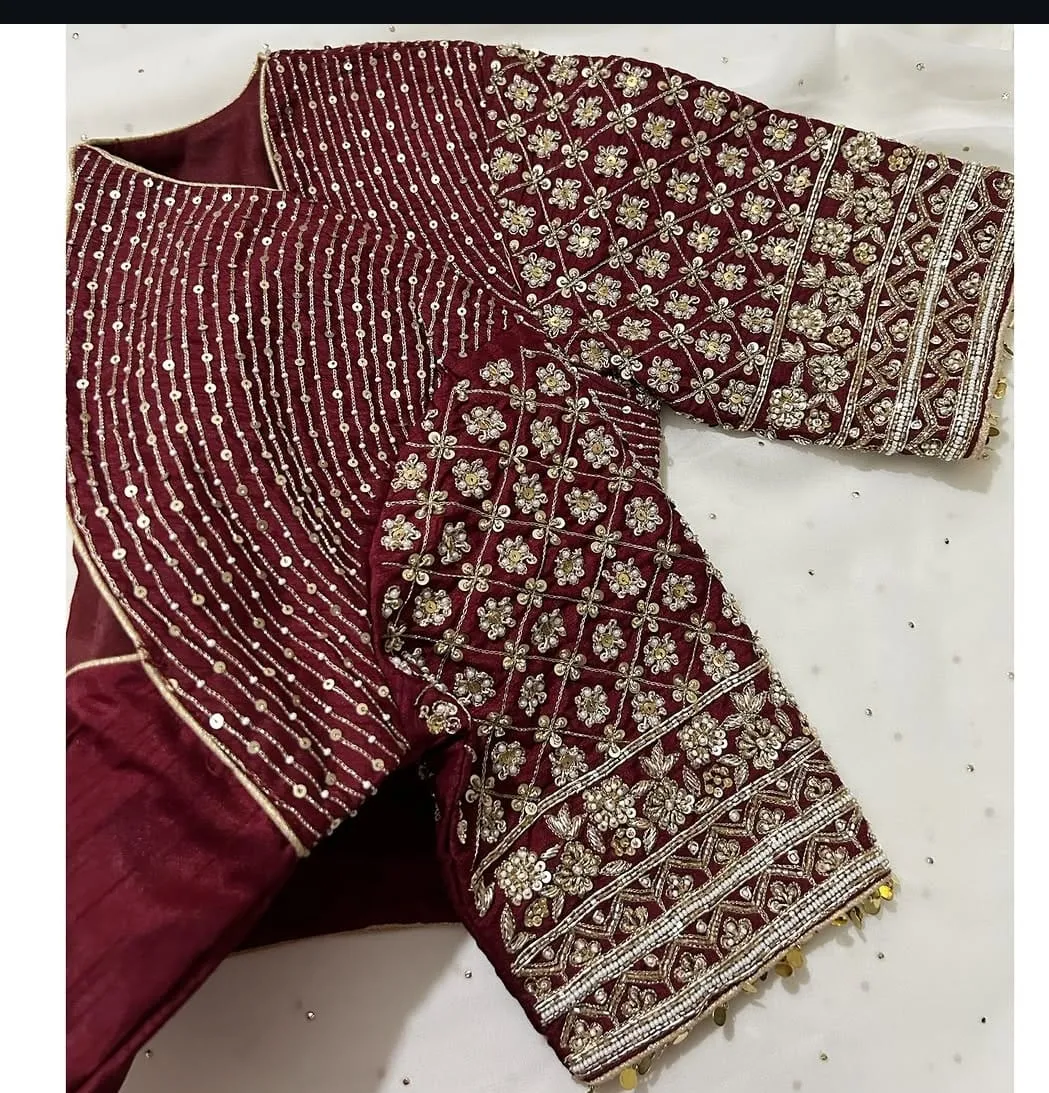 Maroon Aari Work Designer Readymade Saree Blouse | Heavy Hand Embroidered Bridal Silk Blouse 1