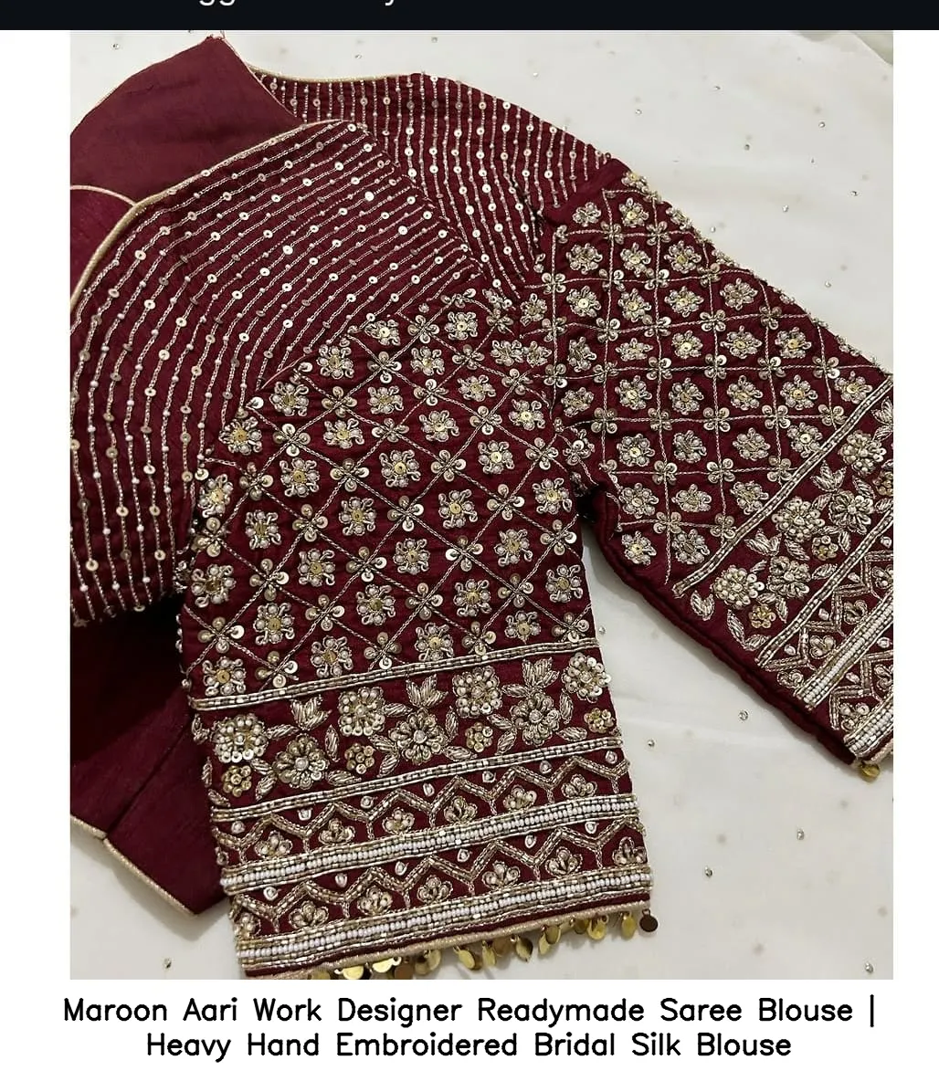 Maroon Aari Work Designer Readymade Saree Blouse | Heavy Hand Embroidered Bridal Silk Blouse 3