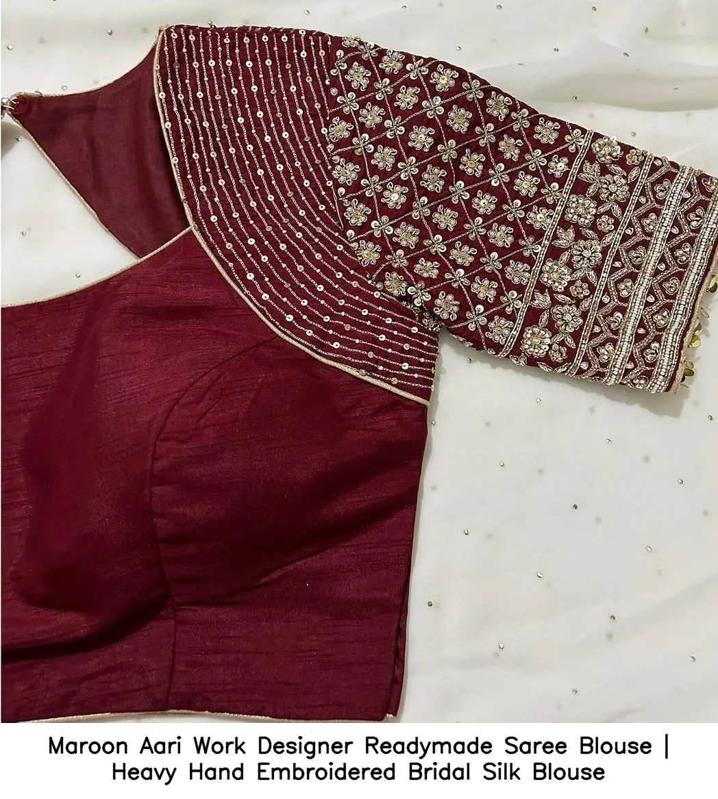 Maroon Aari Work Designer Readymade Saree Blouse | Heavy Hand Embroidered Bridal Silk Blouse 4
