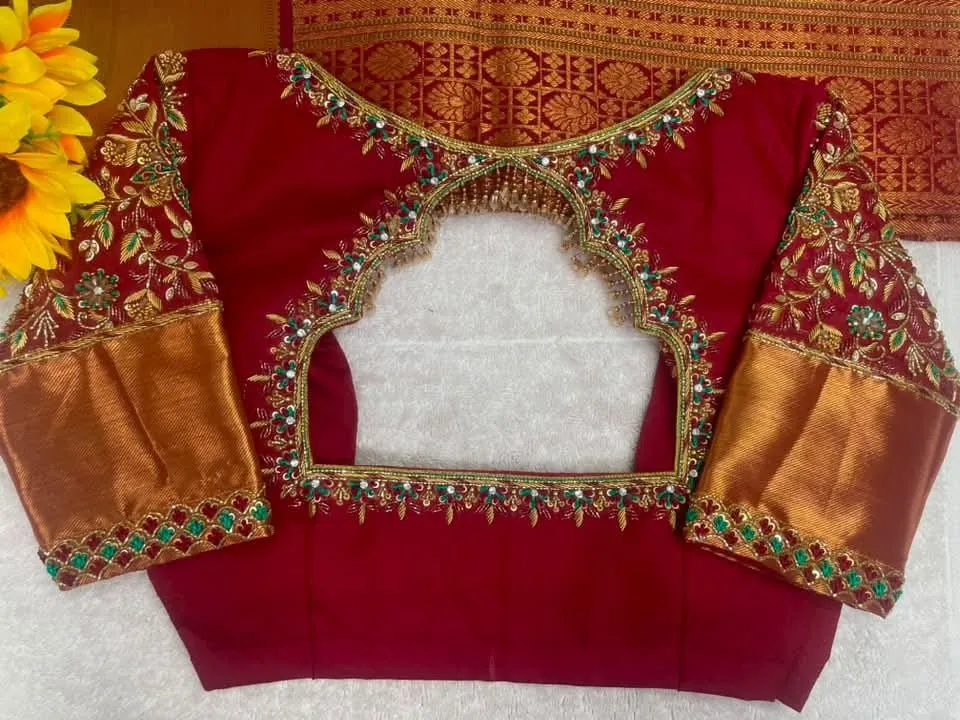 Maroon Bridal Maggam Work Blouse – Floral Vine Aari Embroidery & Zari Border Silk Saree Blouse 1