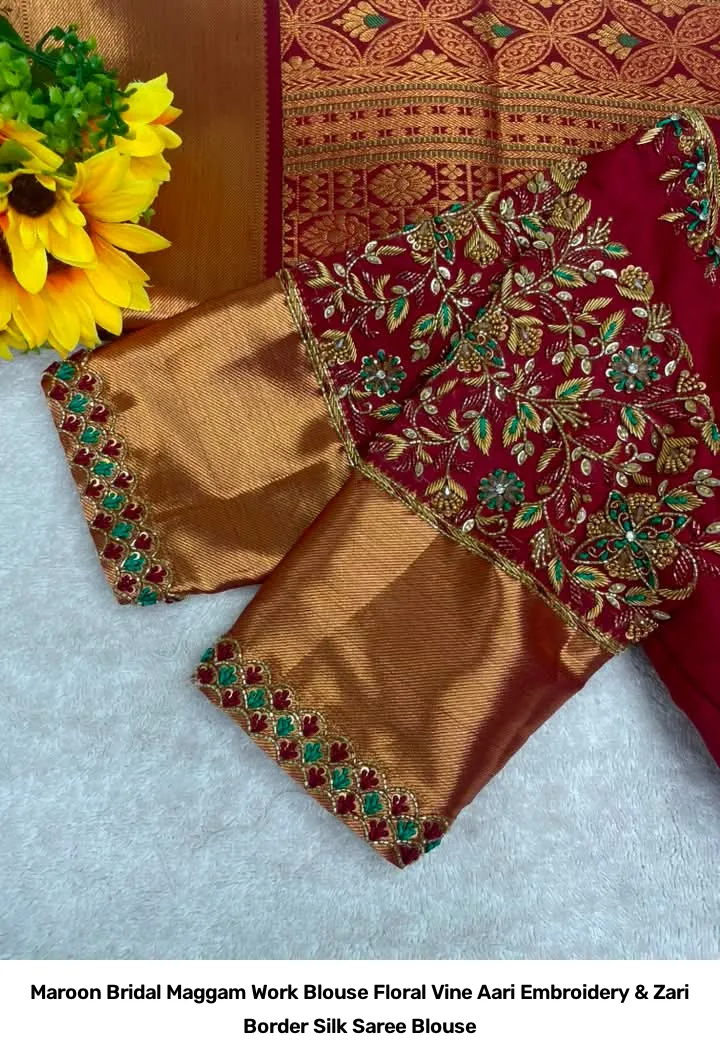 Maroon Bridal Maggam Work Blouse – Floral Vine Aari Embroidery & Zari Border Silk Saree Blouse 2