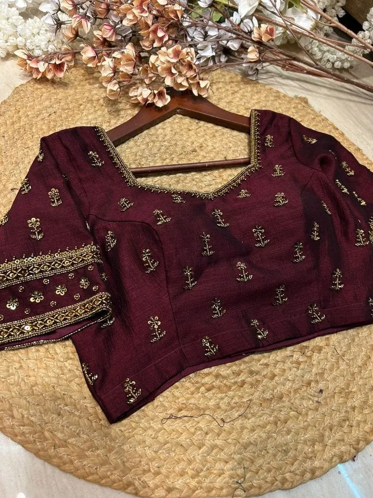 Maroon Hand Embroidered Raw Silk Readymade Blouse | Designer Zardozi Work Saree Blouse