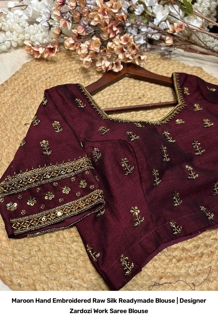 Maroon Hand Embroidered Raw Silk Readymade Blouse | Designer Zardozi Work Saree Blouse 2