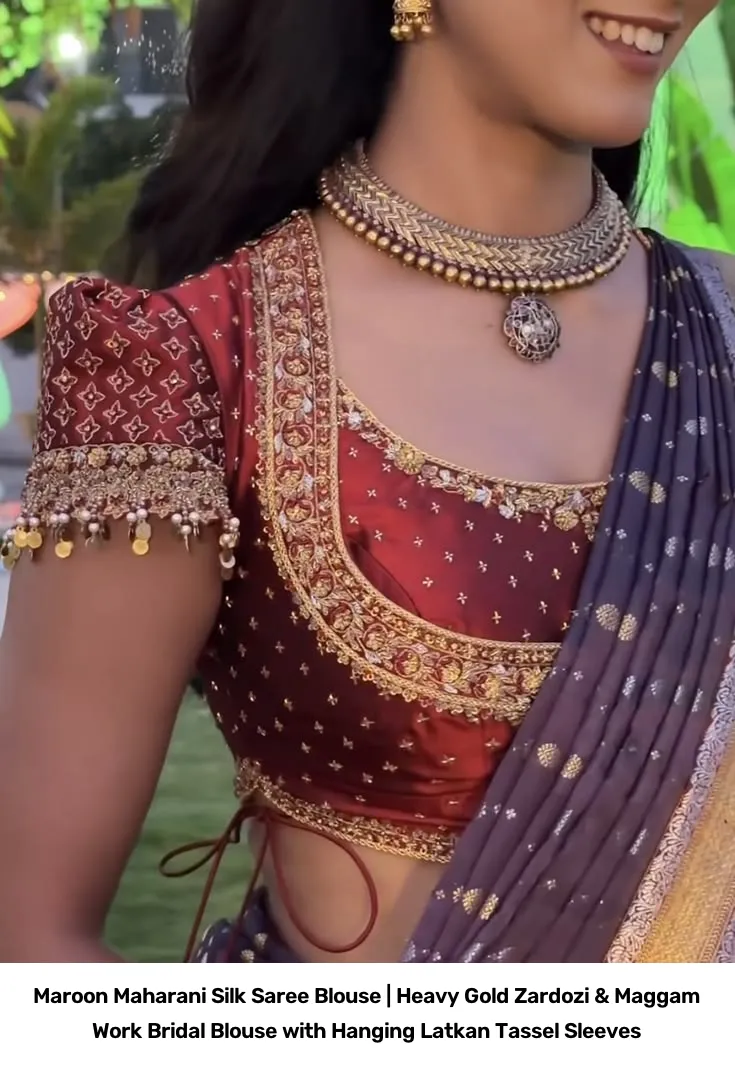 Maroon Maharani Silk Saree Blouse | Heavy Gold Zardozi & Maggam Work Bridal Blouse with Hanging Latkan Tassel Sleeves 2