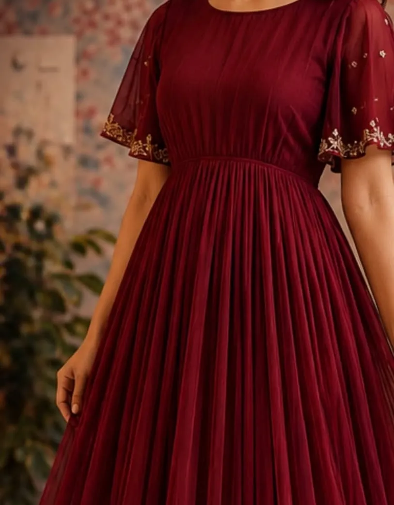 Maroon Pleated Georgette Anarkali Dress with Bell Sleeves 1