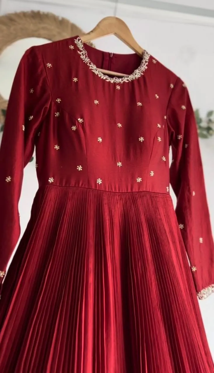 Maroon Pleated Silk Anarkali Dress with Kalamkari Print Dupatta | Hand Embroidered Long Frock