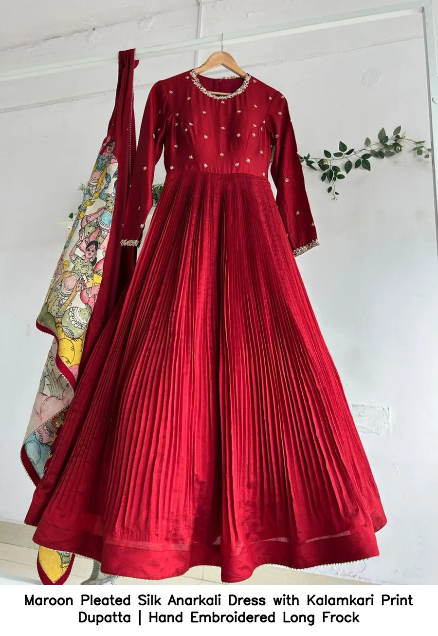 Maroon Pleated Silk Anarkali Dress with Kalamkari Print Dupatta | Hand Embroidered Long Frock 2