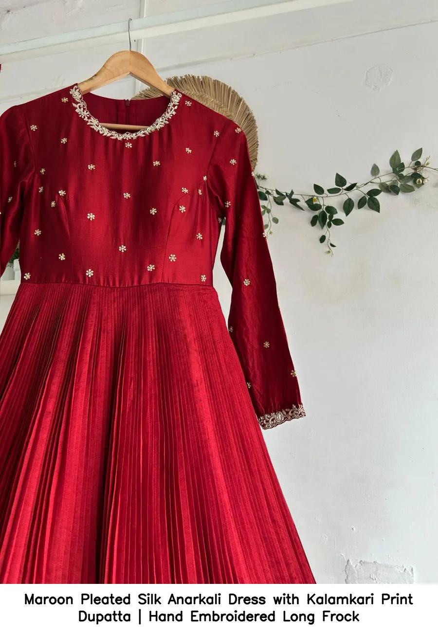 Maroon Pleated Silk Anarkali Dress with Kalamkari Print Dupatta | Hand Embroidered Long Frock 3