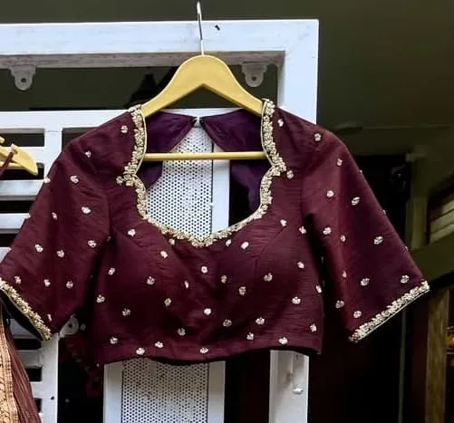 Maroon Raw Silk Bridal Blouse – Sweetheart Neck & Cutout Back with Zari Buti Embroidery