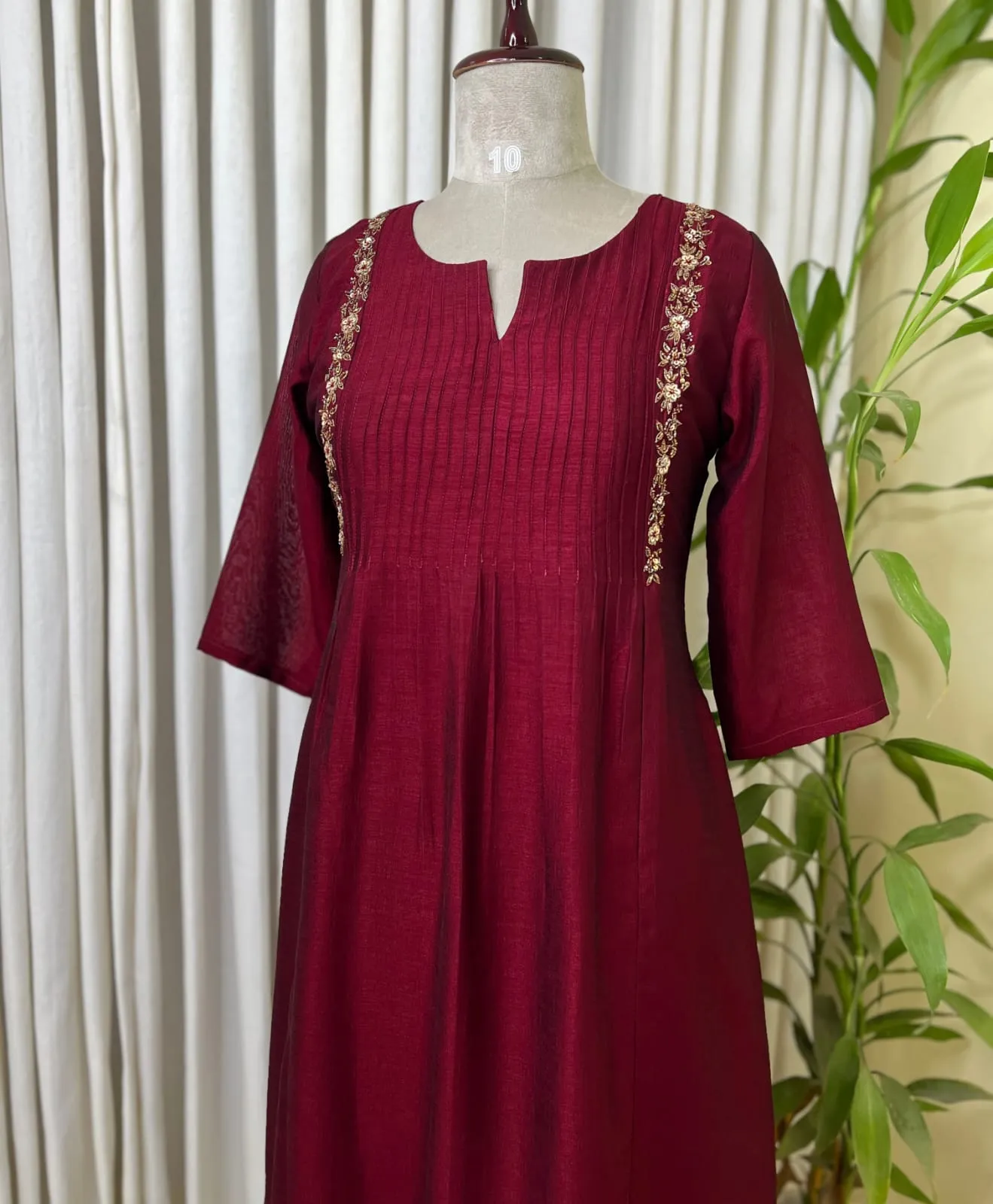 Maroon Raw Silk Pintuck Long Kurti with Hand Embroidered Yoke & Notch Neck