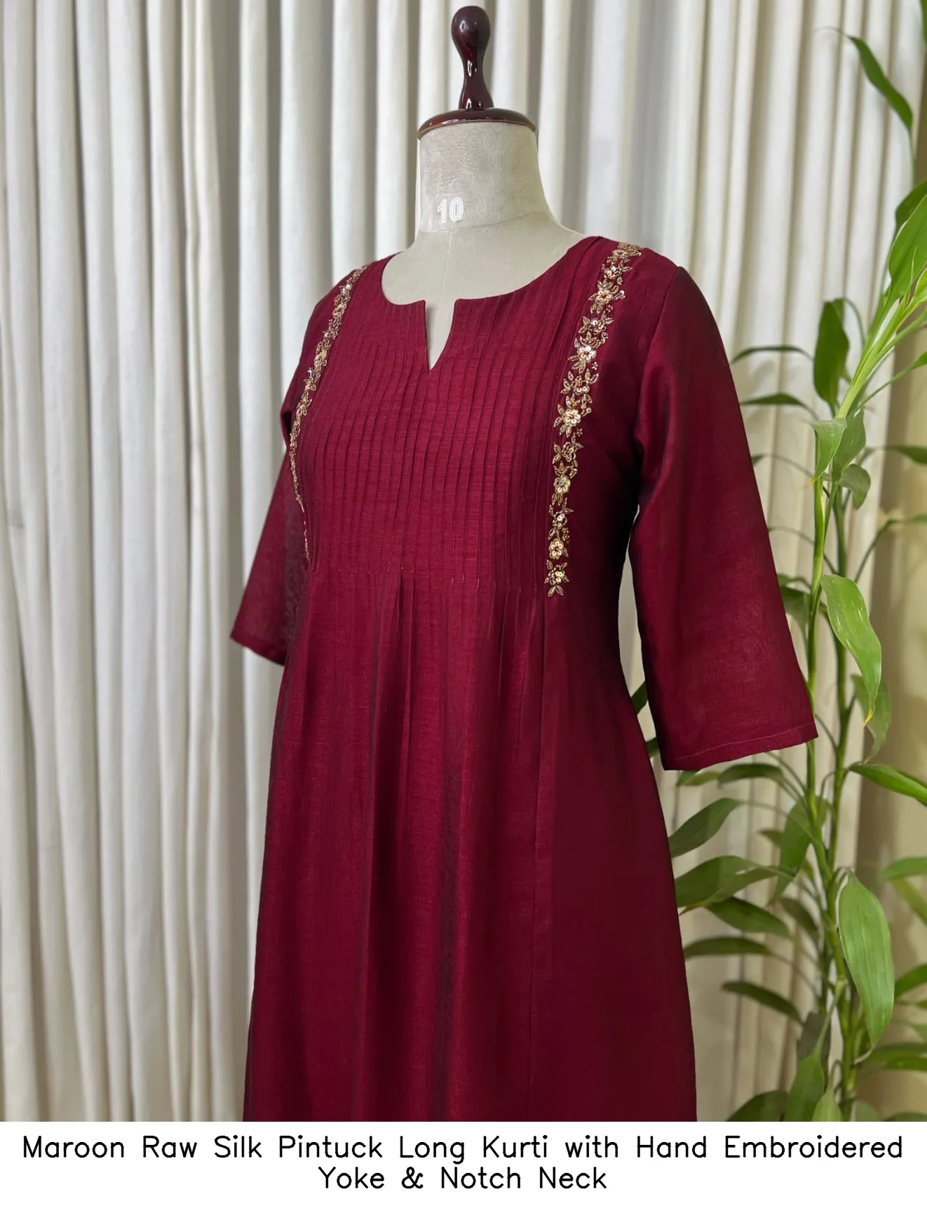 Maroon Raw Silk Pintuck Long Kurti with Hand Embroidered Yoke & Notch Neck 2