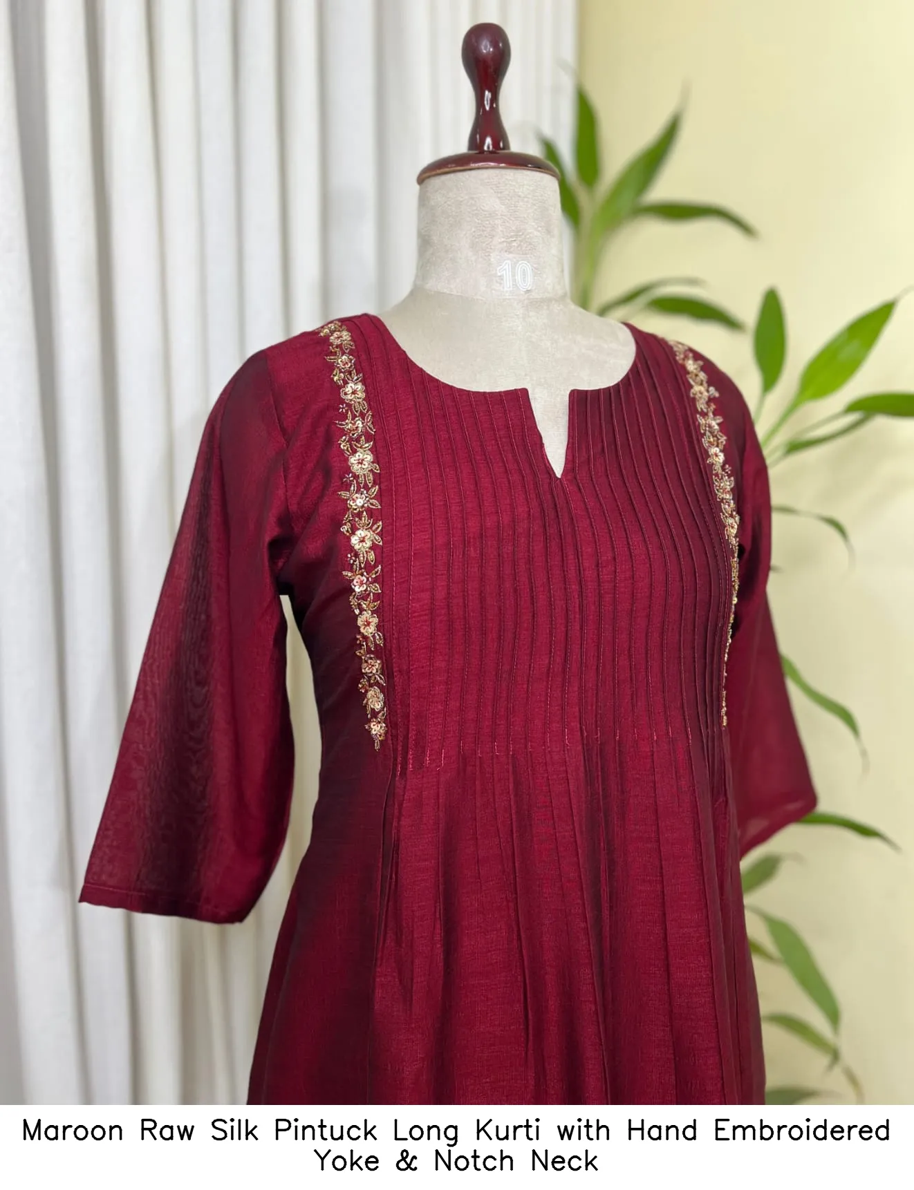 Maroon Raw Silk Pintuck Long Kurti with Hand Embroidered Yoke & Notch Neck 3