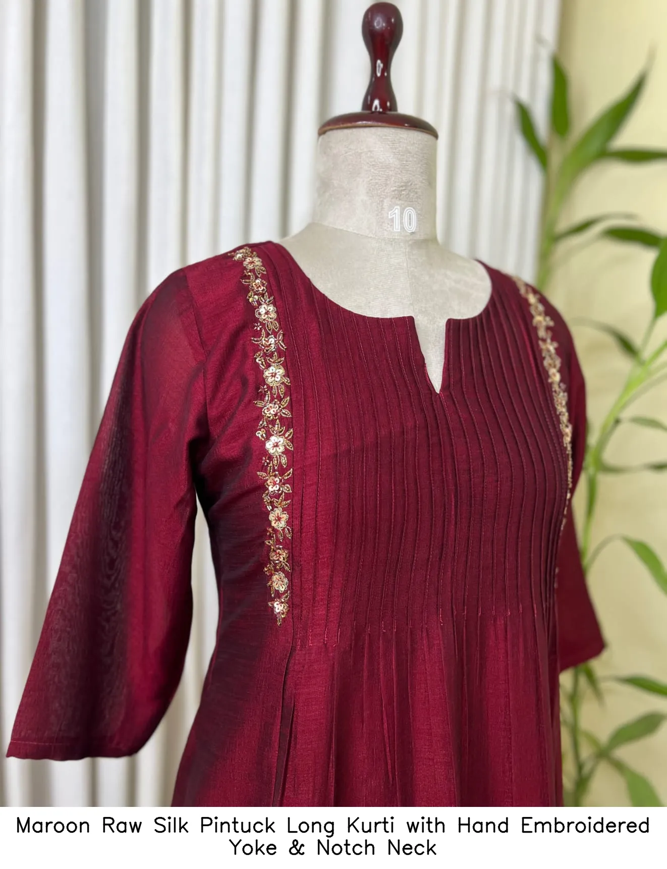 Maroon Raw Silk Pintuck Long Kurti with Hand Embroidered Yoke & Notch Neck 4