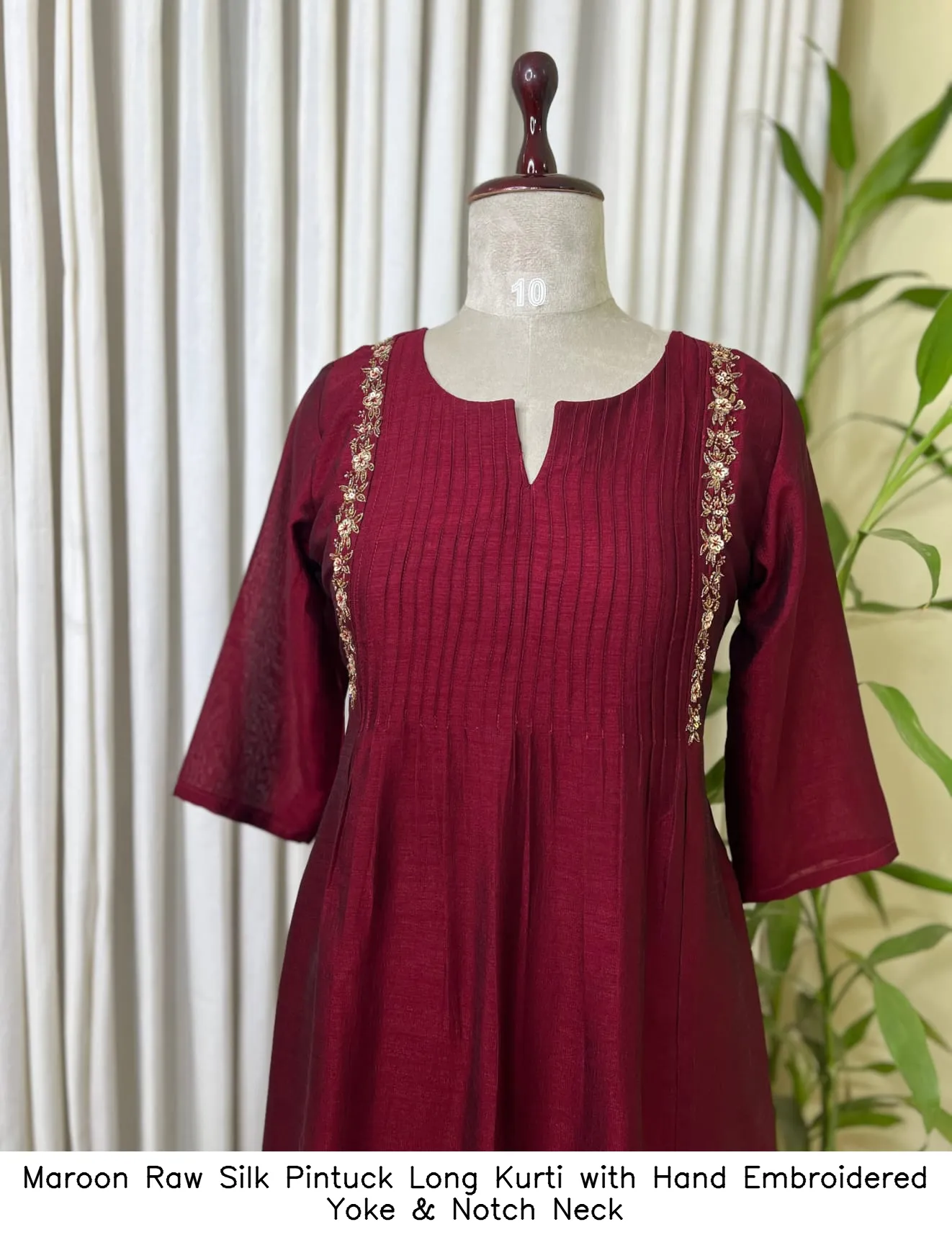 Maroon Raw Silk Pintuck Long Kurti with Hand Embroidered Yoke & Notch Neck 5