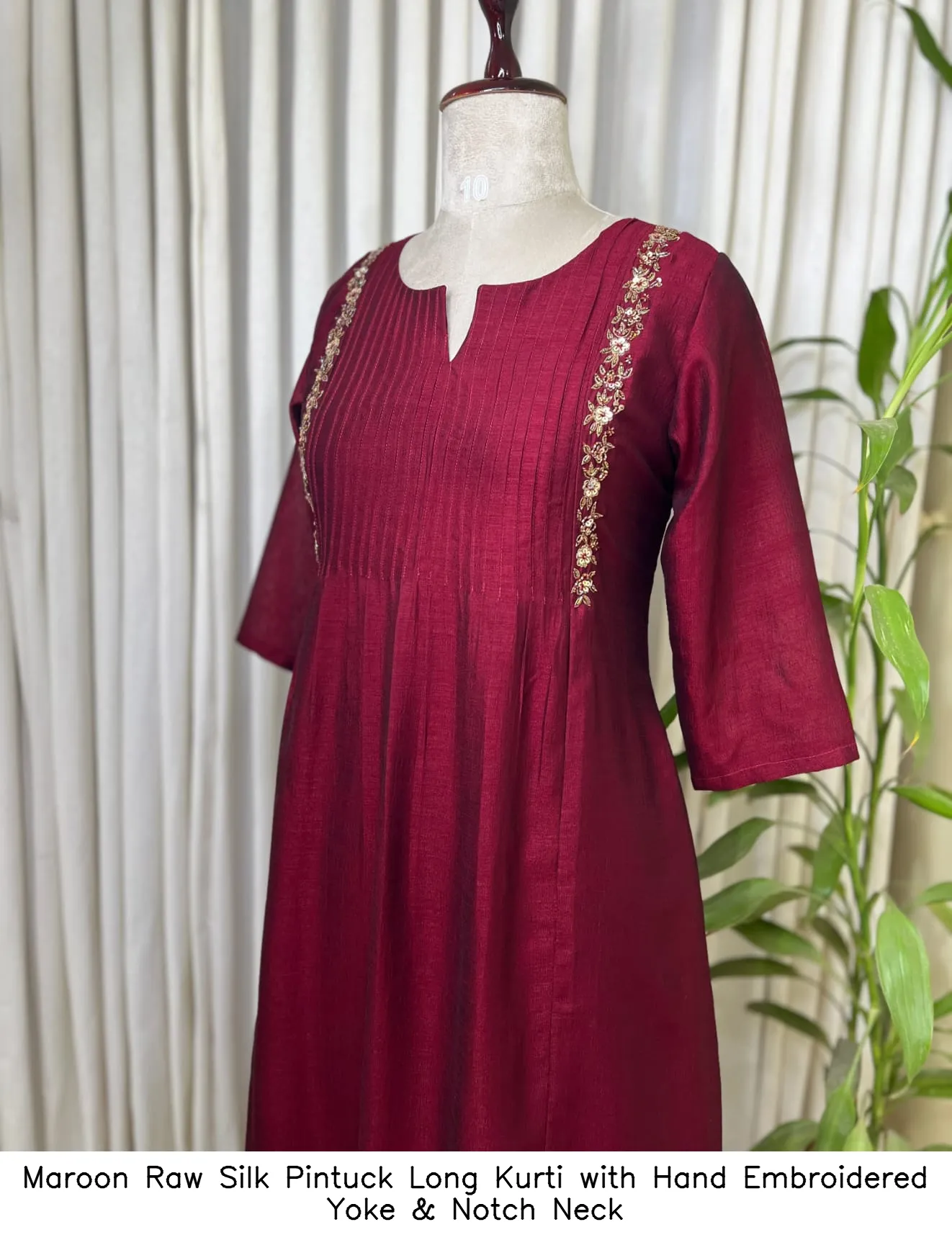 Maroon Raw Silk Pintuck Long Kurti with Hand Embroidered Yoke & Notch Neck 6