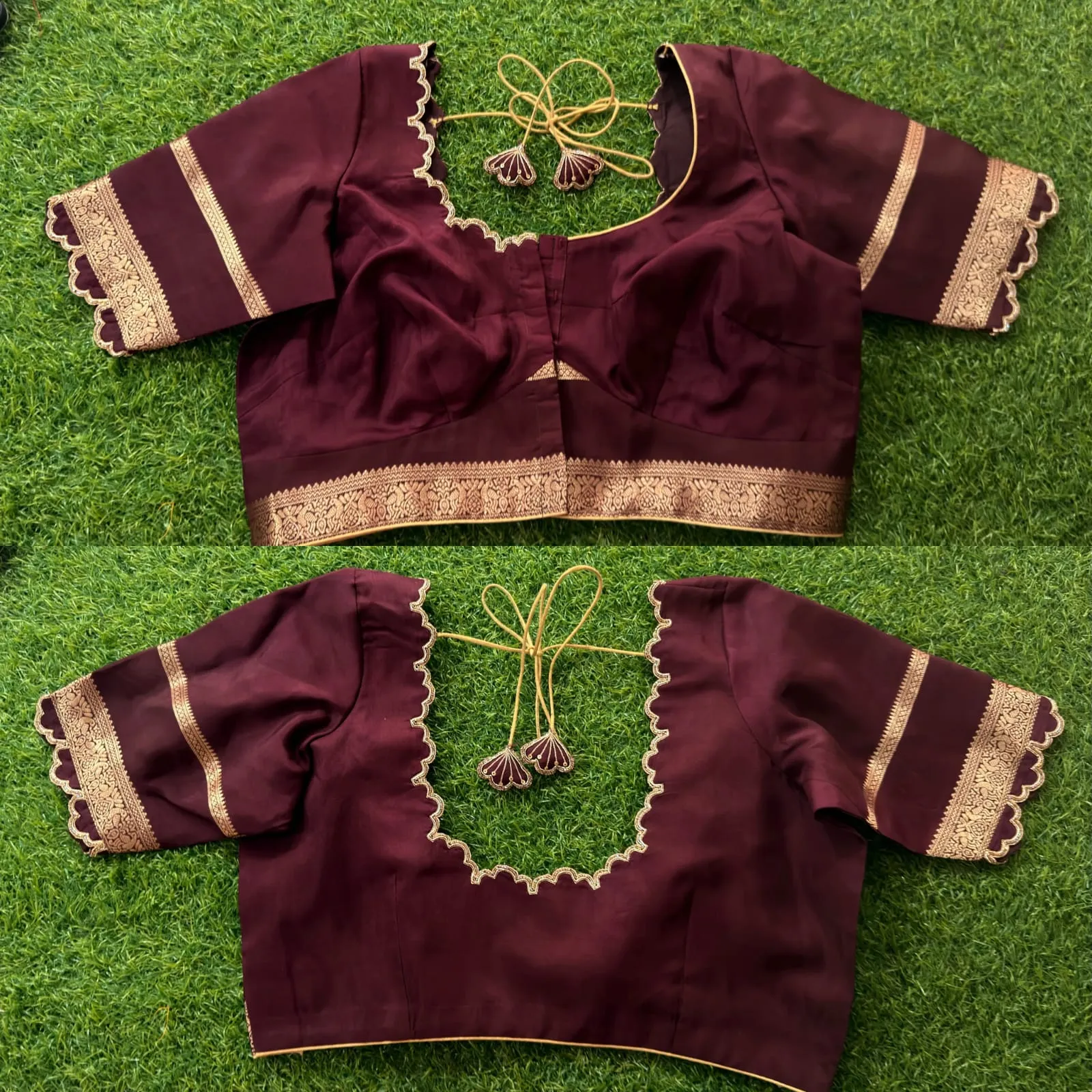 Maroon Raw Silk Saree Blouse | Scallop Cutwork Neck & Gold Zari Border Sleeves with Latkan