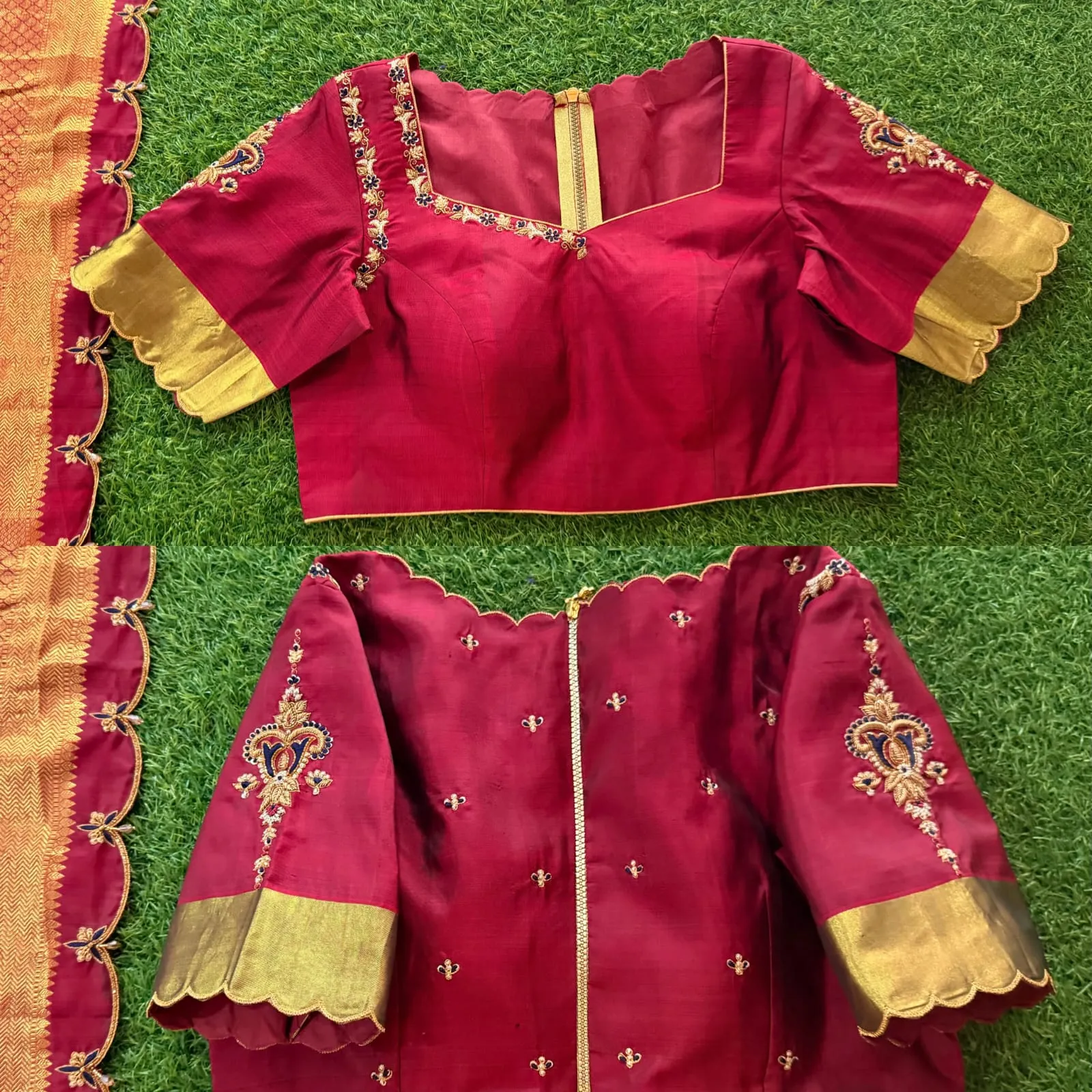 Maroon Red Silk Saree Blouse - Sweetheart Neckline, Scalloped Gold Zari Sleeves & Back Zipper 1