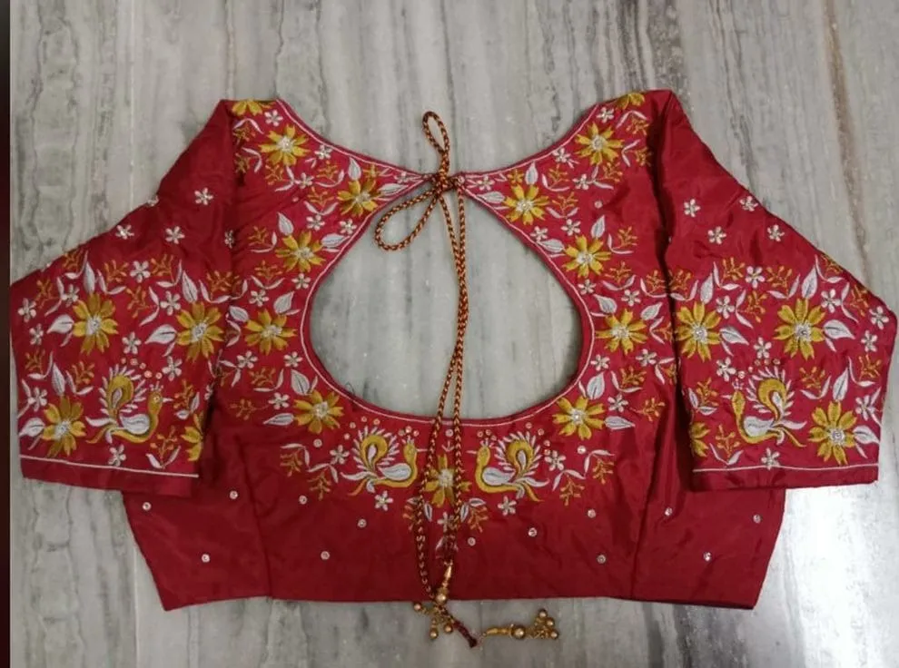 Maroon Silk Blouse | Floral & Peacock Embroidery | Keyhole Back | Computer Work Blouse
