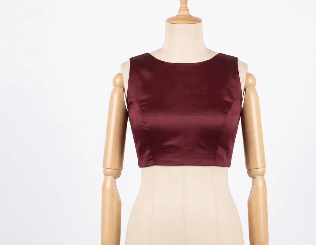 Maroon Silk Boat Neck Saree Blouse | Sleeveless Readymade Designer Crop Top with Back Button Detail