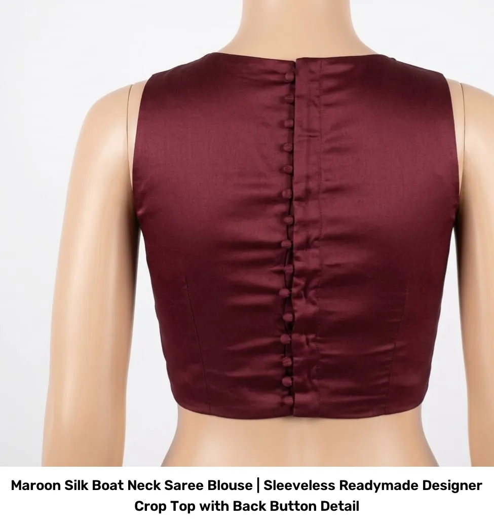 Maroon Silk Boat Neck Saree Blouse | Sleeveless Readymade Designer Crop Top with Back Button Detail 2