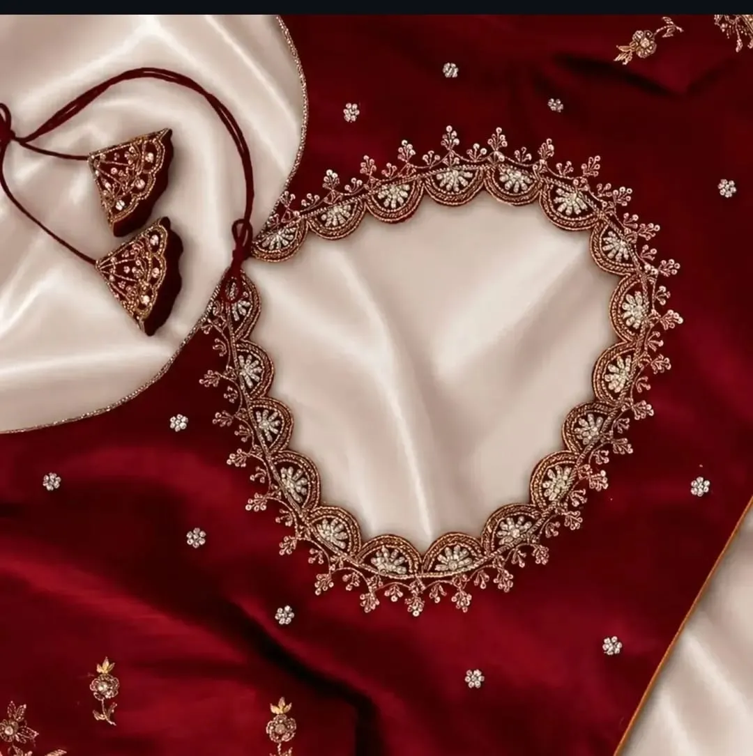 Maroon Velvet Bridal Saree Blouse - Heavy Stone Embroidery, Dori Tassels & Floral Sleeve Cuffs