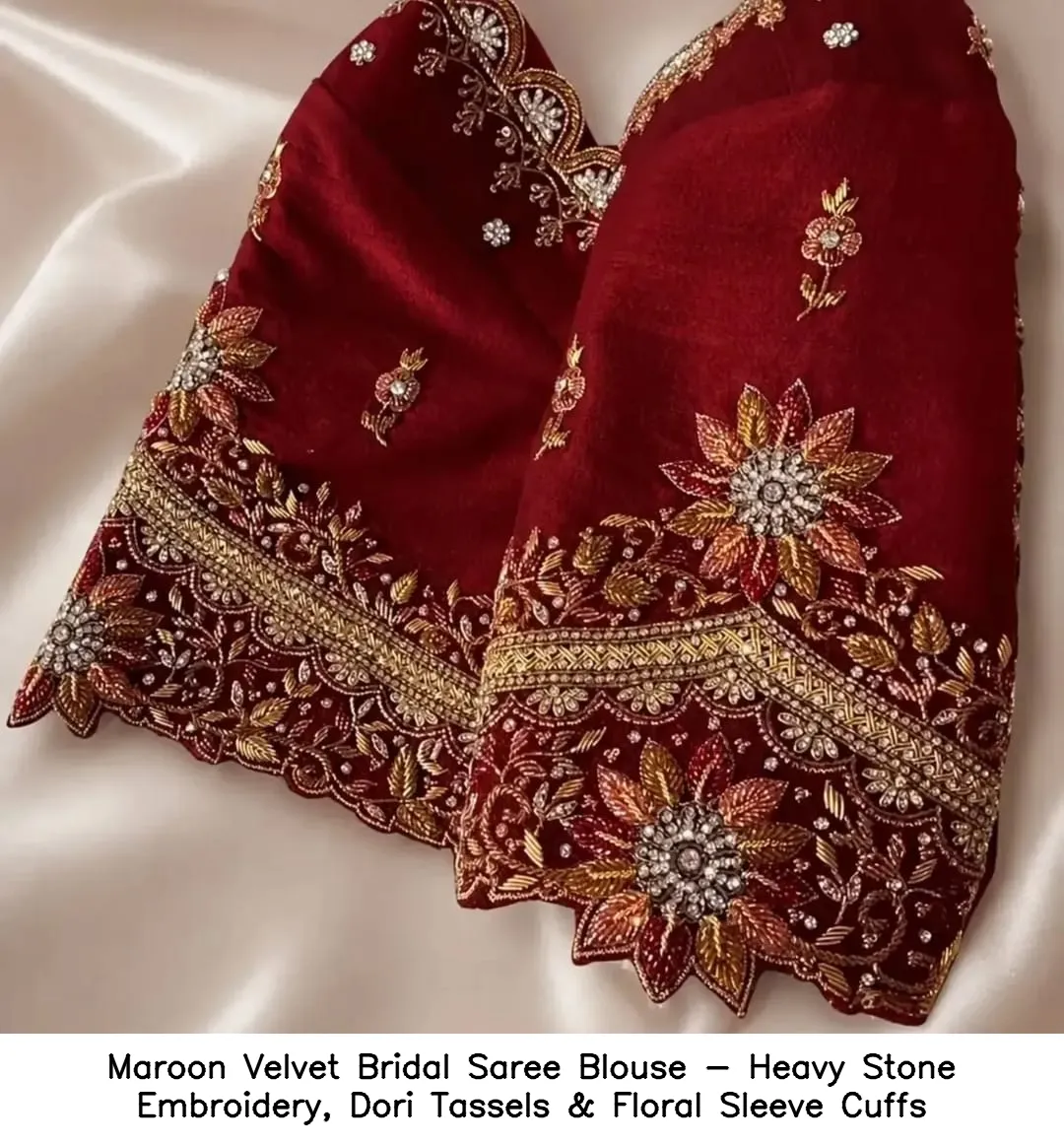 Maroon Velvet Bridal Saree Blouse - Heavy Stone Embroidery, Dori Tassels & Floral Sleeve Cuffs 2