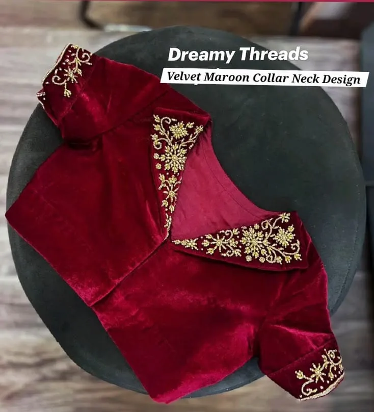 Maroon Velvet Collar Neck Saree Blouse | Gold Zardosi Floral Embroidered Lapel Blouse & Bridal Lehenga Crop Top