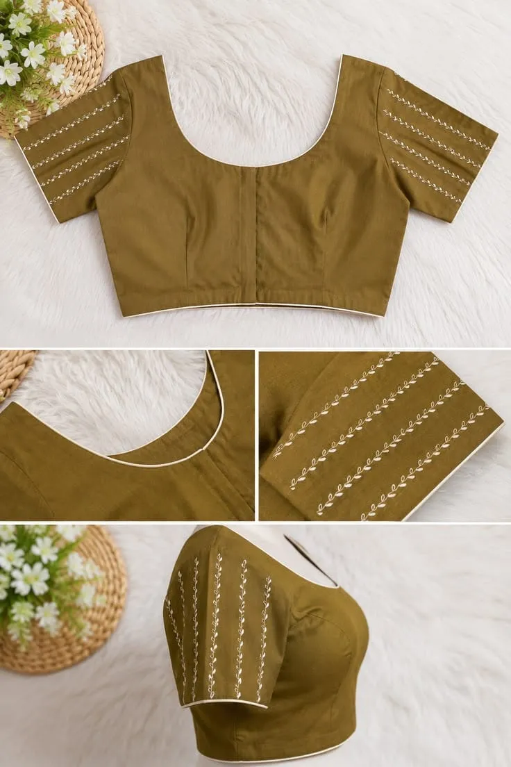Mehendi Olive Green Readymade Saree Blouse – Elegant Thread Work Sleeves & Piping Finish 1