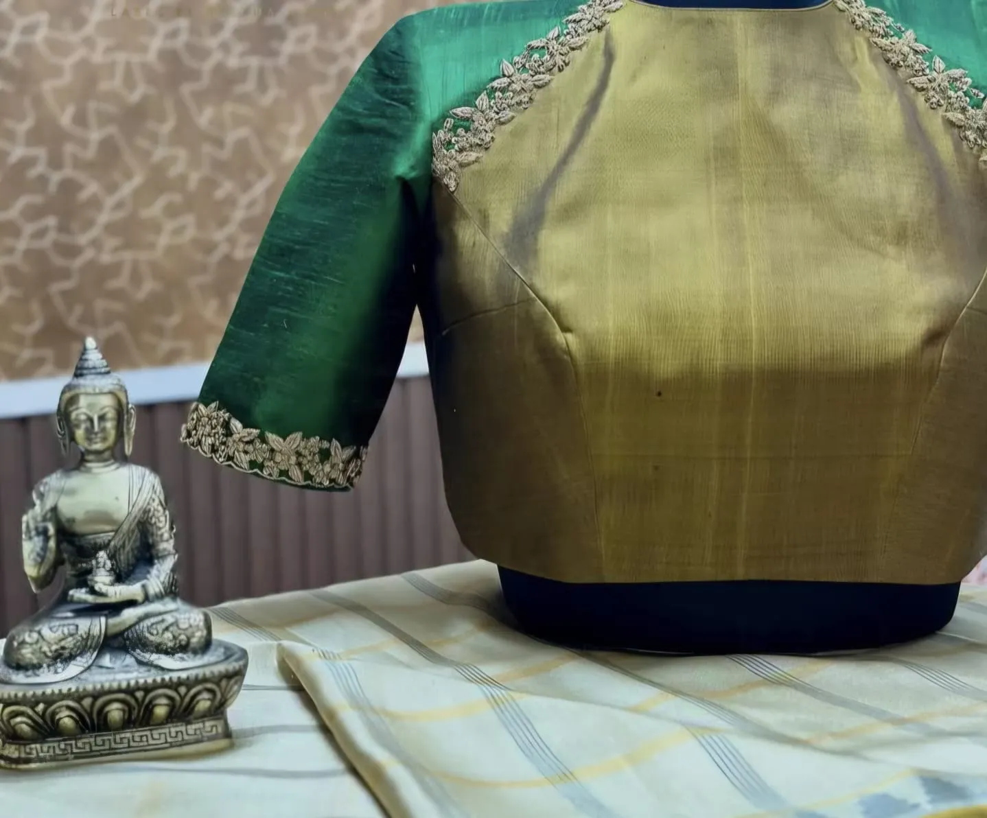 Metallic Gold & Emerald Green Raw Silk Blouse | Hand Embroidered Zari & Zardosi Boat Neck Saree Blouse