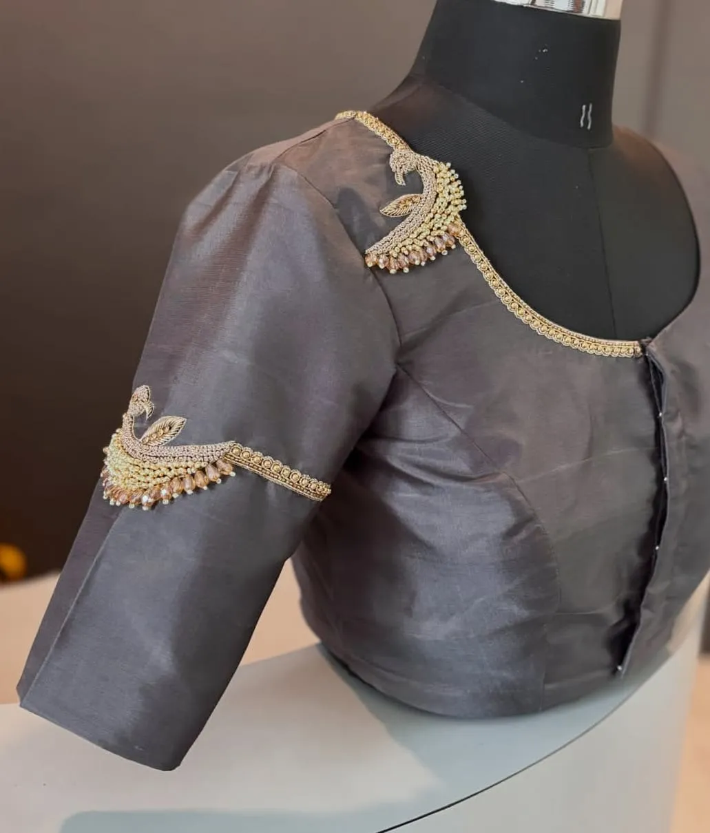 Metallic Grey Raw Silk Designer Saree Blouse | Handcrafted Swan Armlet Sleeve & Neck Border Partywear Choli 1