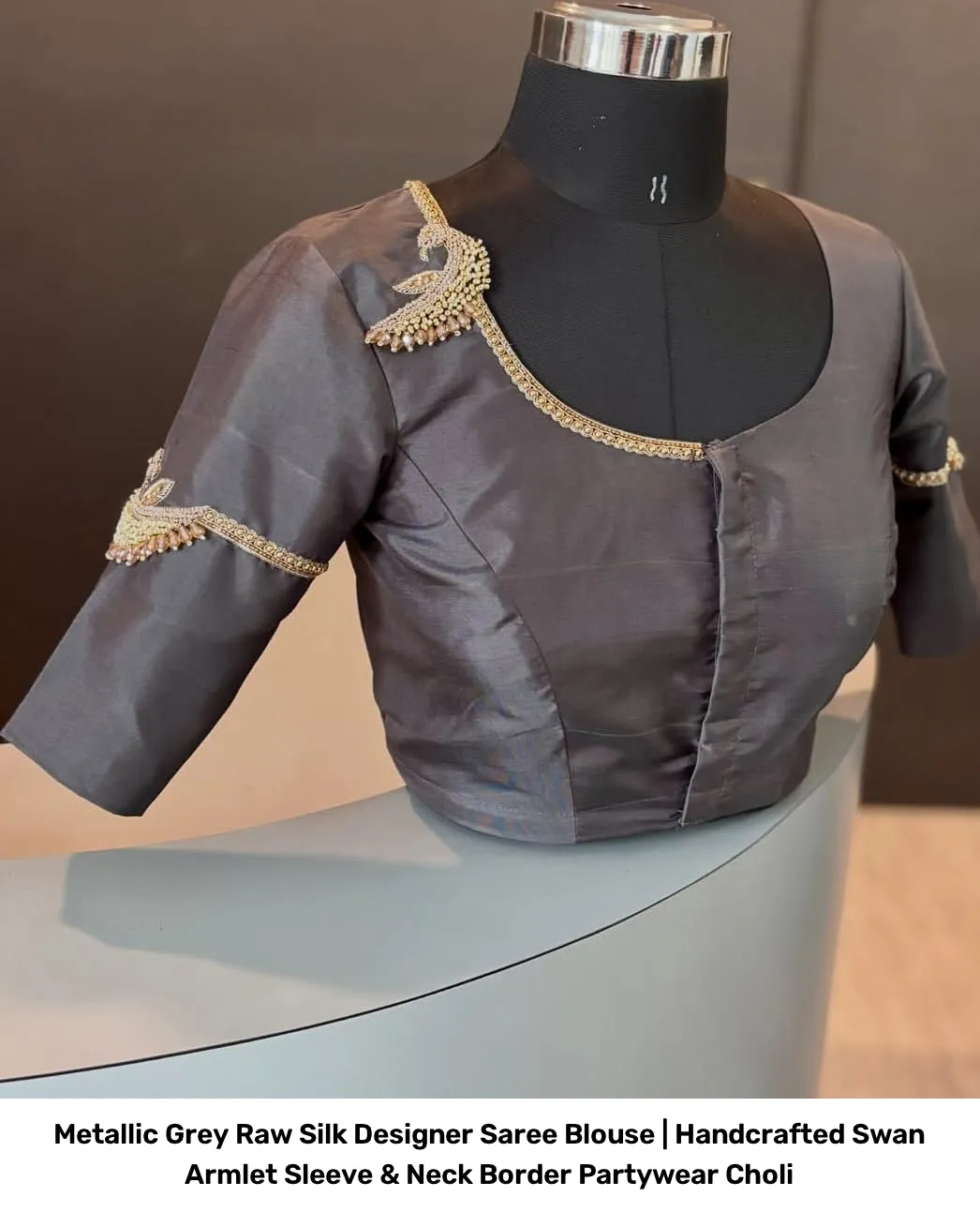 Metallic Grey Raw Silk Designer Saree Blouse | Handcrafted Swan Armlet Sleeve & Neck Border Partywear Choli 2
