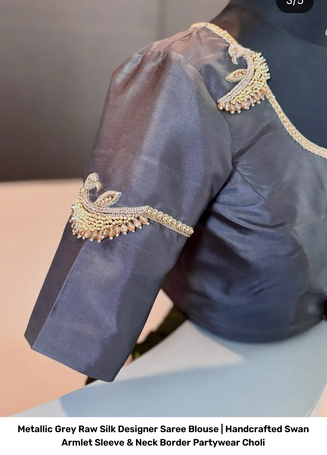 Metallic Grey Raw Silk Designer Saree Blouse | Handcrafted Swan Armlet Sleeve & Neck Border Partywear Choli 4