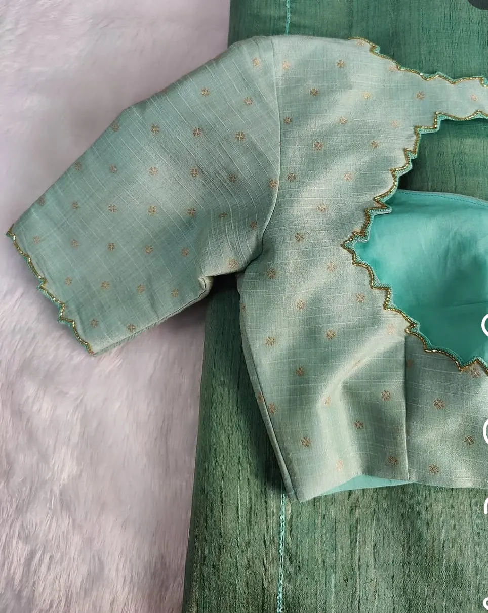 Minimal Elegant Sea Green Blouse – Gold Booti Print & Scalloped Border | Customizable Size & Colour | Everyday & Festive Wear Saree Blouse 1