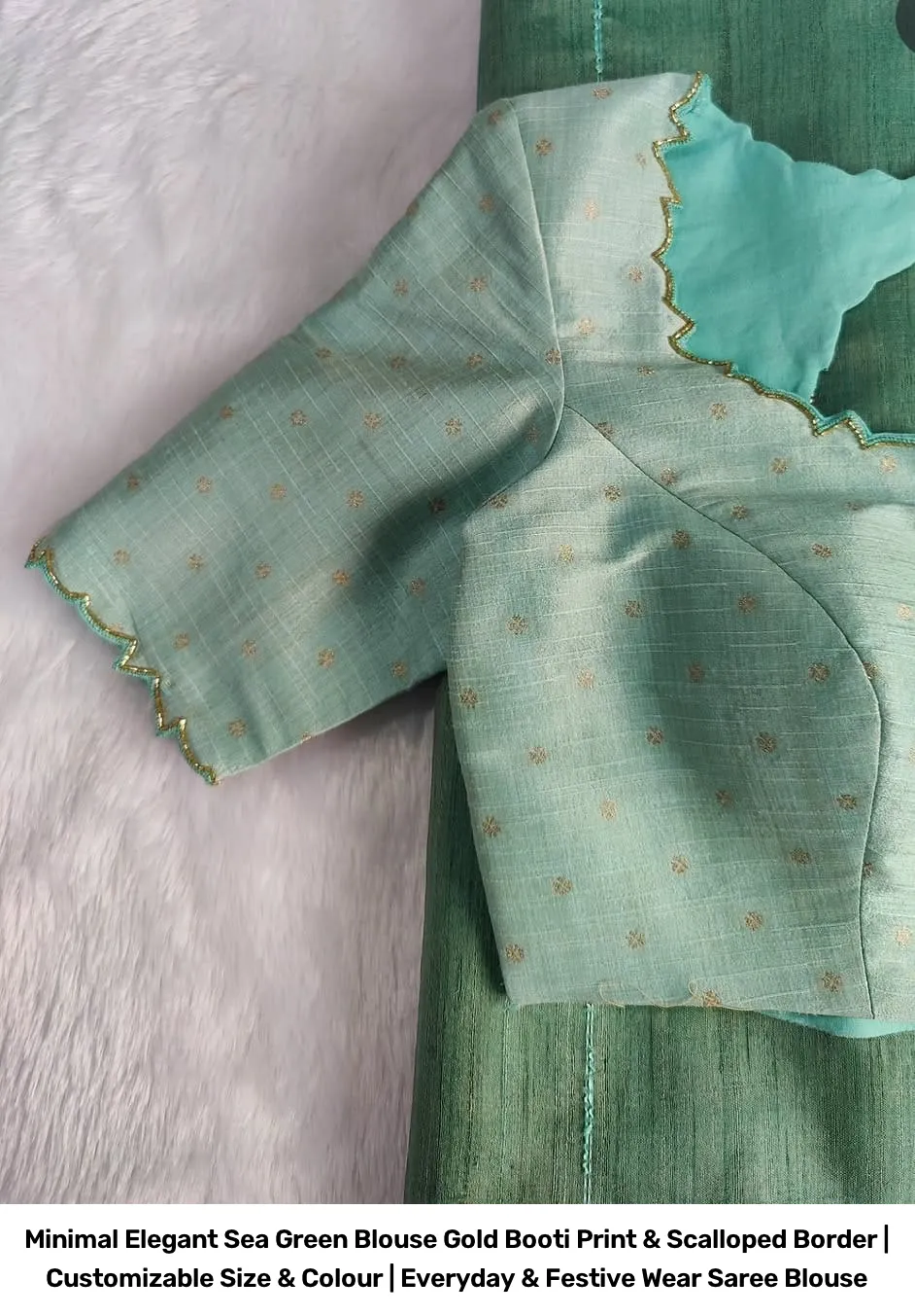 Minimal Elegant Sea Green Blouse – Gold Booti Print & Scalloped Border | Customizable Size & Colour | Everyday & Festive Wear Saree Blouse 2