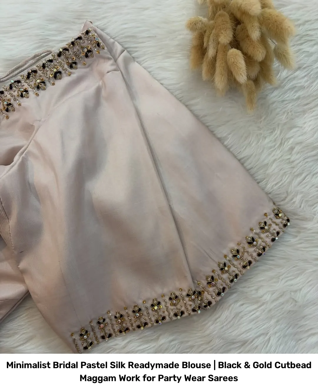 Minimalist Bridal Pastel Silk Readymade Blouse | Black & Gold Cutbead Maggam Work for Party Wear Sarees 2