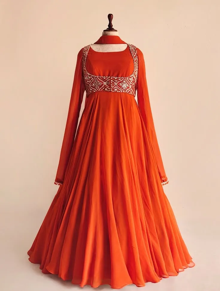 Mirror Work Empire Waist Orange Georgette Gown – Square Neck Flared Anarkali with Belt Detail