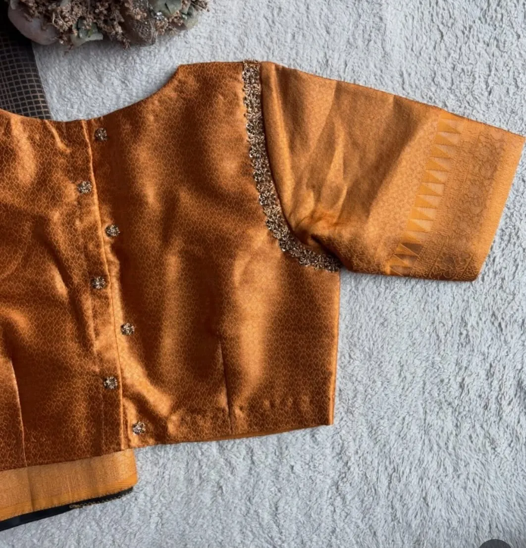 Mustard Copper Silk Saree Blouse | Handcrafted Zari Border Elbow Sleeves Designer Readymade Choli 1