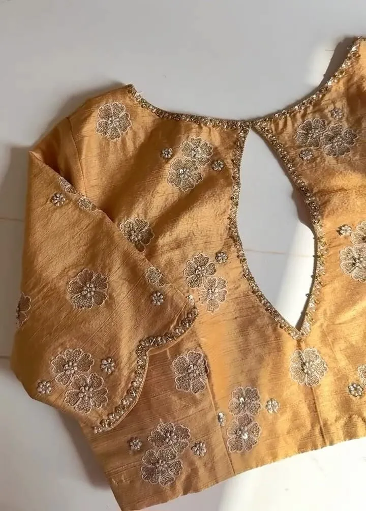 Mustard Gold Raw Silk Blouse - Pearl & Zari Floral Embroidered Cutout Back Saree Blouse