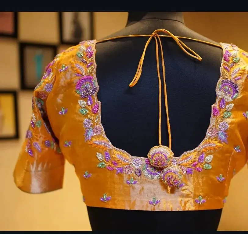 Mustard Gold Silk Blouse with Multicolor Floral Bead Work | Deep Back Designer Blouse with Tassel Buttons | Wedding & Kanjivaram Saree Blouse
