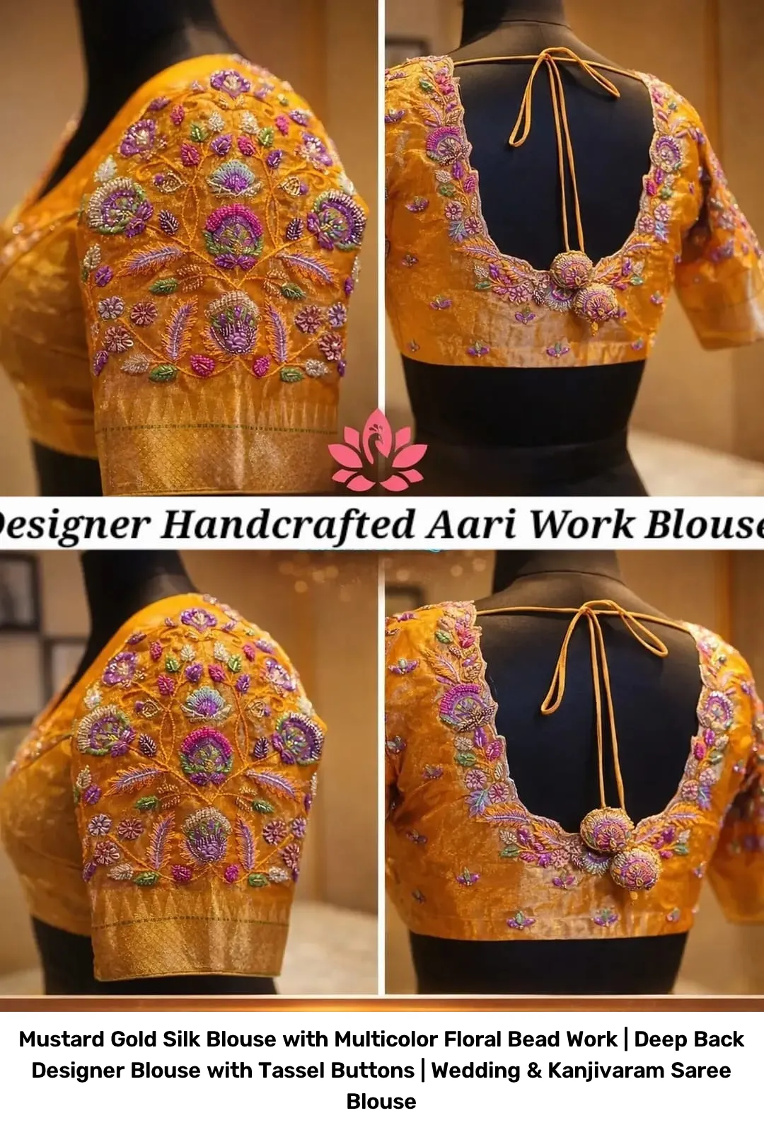 Mustard Gold Silk Blouse with Multicolor Floral Bead Work | Deep Back Designer Blouse with Tassel Buttons | Wedding & Kanjivaram Saree Blouse 3