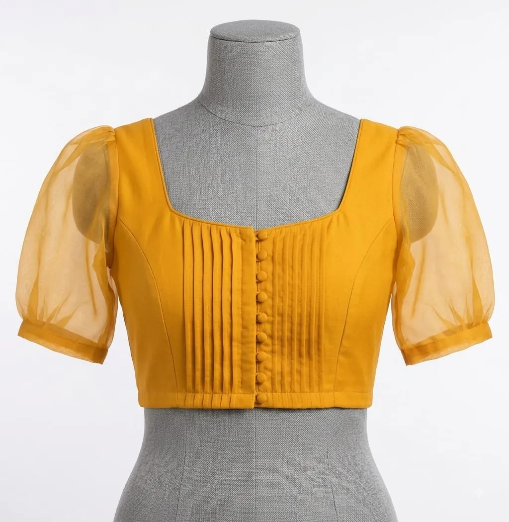 Mustard Haldi Ceremony Readymade Blouse – Sheer Net Puff Sleeves, Front Pleats & Buttons 1