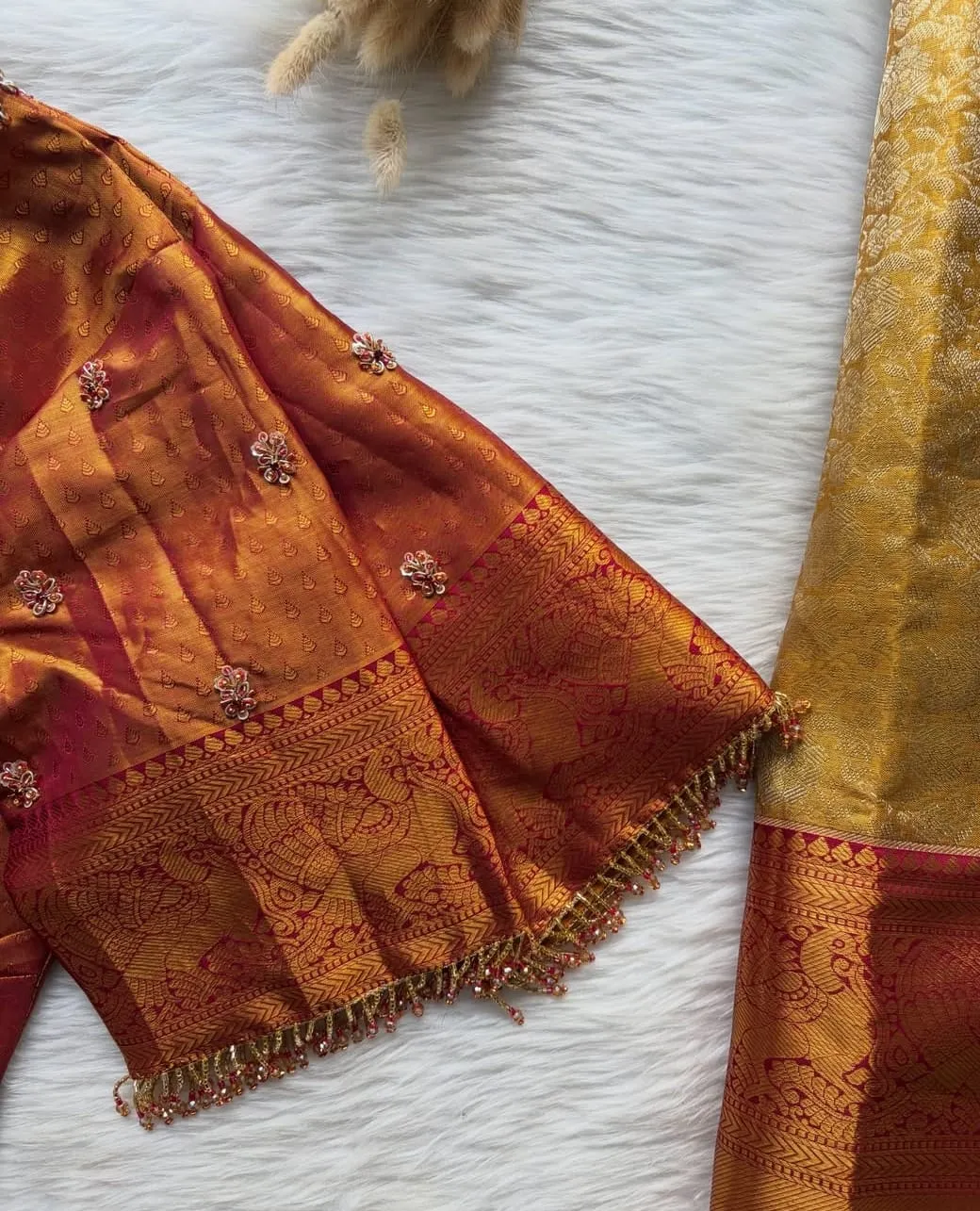 Mustard Rust Dual-Tone Silk Maggam Work Blouse | Scalloped Cutout Back Bridal Saree Blouse with Beaded Tassel Fringe
