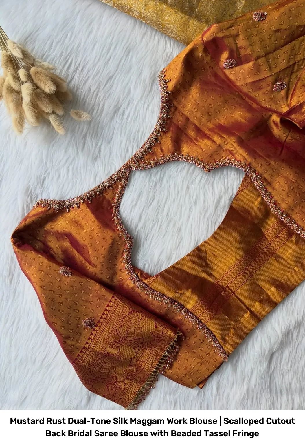 Mustard Rust Dual-Tone Silk Maggam Work Blouse | Scalloped Cutout Back Bridal Saree Blouse with Beaded Tassel Fringe 2