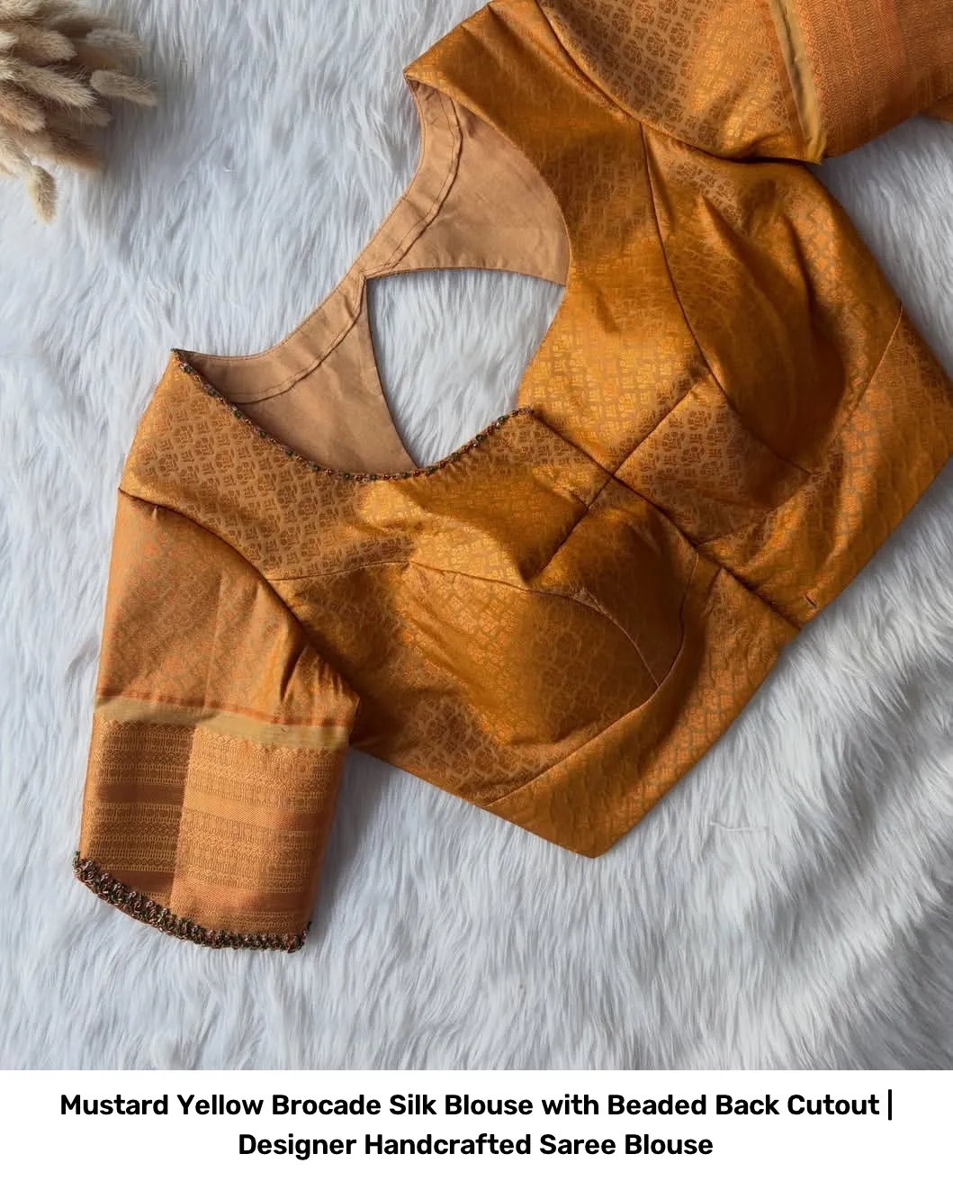 Mustard Yellow Brocade Silk Blouse with Beaded Back Cutout | Designer Handcrafted Saree Blouse 2