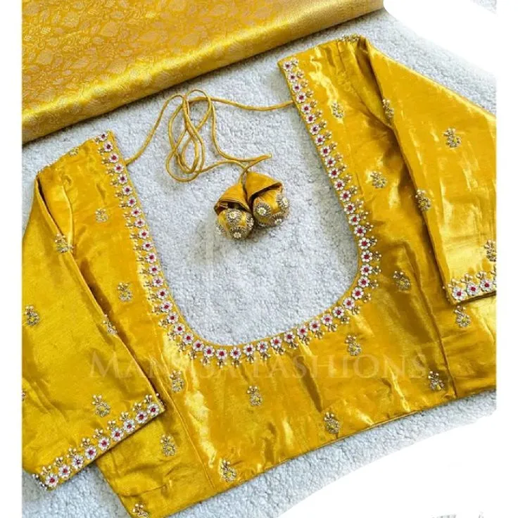 Mustard Yellow Raw Silk Maggam Work Blouse | Hand Embroidered Aari Work Bridal Saree Blouse with Tassels