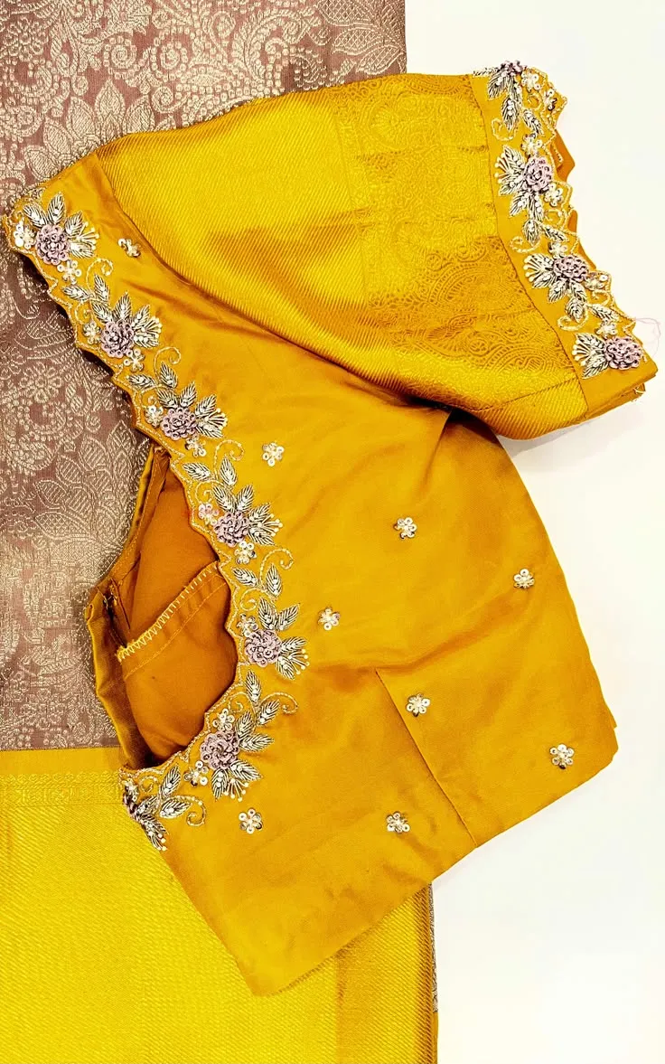 Mustard Yellow Raw Silk Maggam Work Blouse | Handcrafted Floral Silver Zardosi & Thread Embroidered Saree Blouse