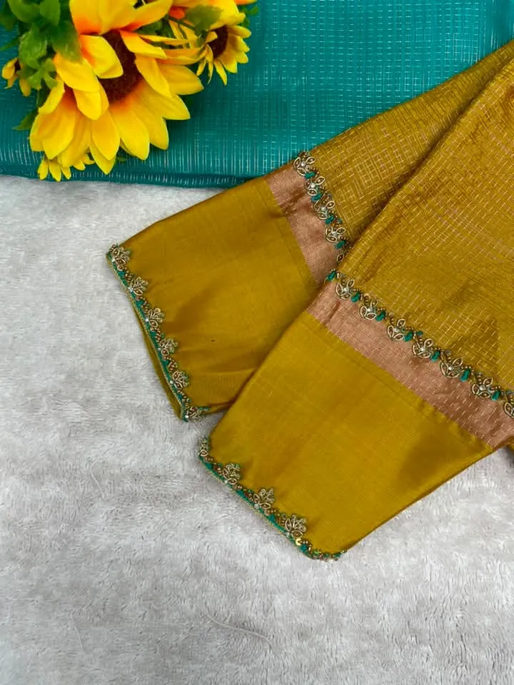 Mustard Yellow Raw Silk Readymade Blouse with Hand Maggam Work & Zari Check Pattern | Bridal Saree Blouse