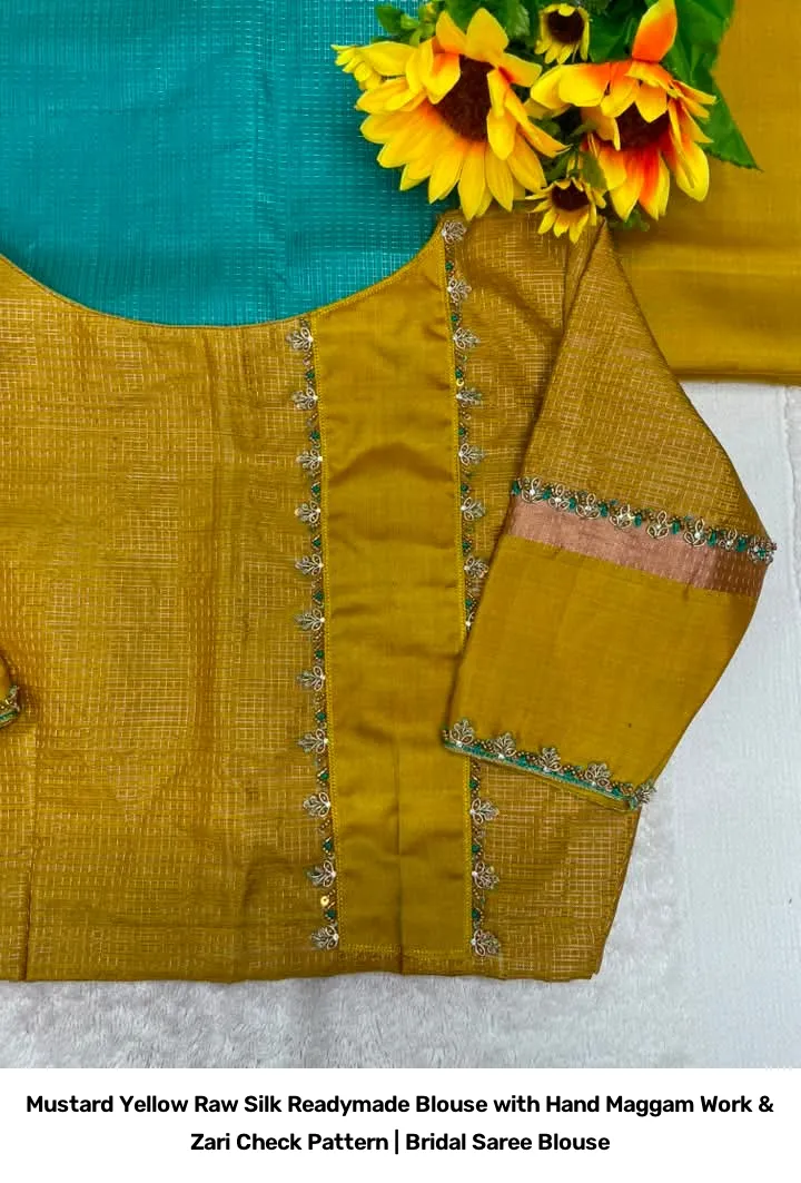 Mustard Yellow Raw Silk Readymade Blouse with Hand Maggam Work & Zari Check Pattern | Bridal Saree Blouse 2